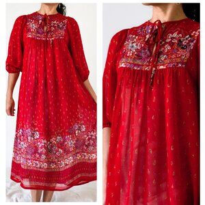 Vintage 70's Robbie Bee Red Rayon Paisley Print Sheer Midi Dress